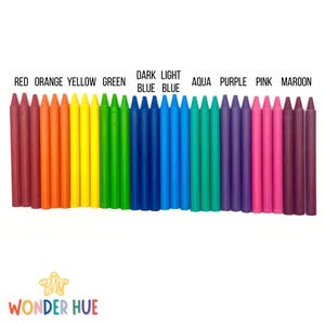 A row of colorful rainbow crayons in several colors with color name above each color