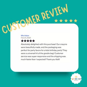 May include: A customer review graphic on a teal background featuring the text CUSTOMER REVIEW in yellow with five yellow stars. A white box displays a five-star review by Mia Haber dated Feb 21, 2026, regarding crayons. A Wonder Hue Crayon Co logo is visible.