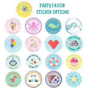 May include: A collection of sixteen circular party favour stickers featuring various colourful illustrations including an ice cream cone, octopus, whale, mermaid tail, balloons, unicorn, heart, rock, robot, insects, lifebuoy, cupcake, dinosaur, car, sports balls, and a star.