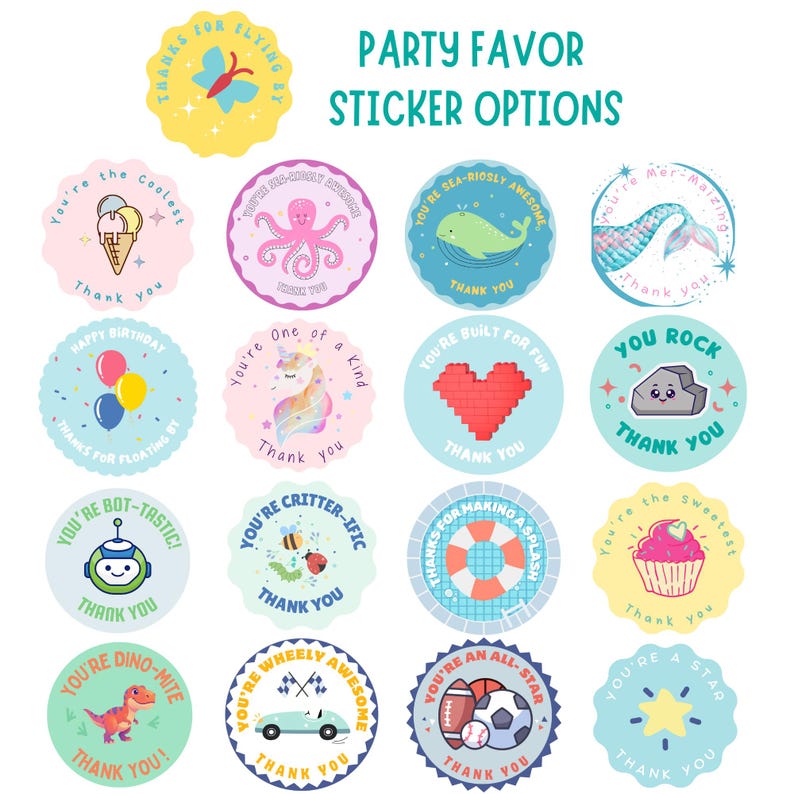 May include: A collection of sixteen circular party favour stickers featuring various colourful illustrations including an ice cream cone, octopus, whale, mermaid tail, balloons, unicorn, heart, rock, robot, insects, lifebuoy, cupcake, dinosaur, car, sports balls, and a star.
