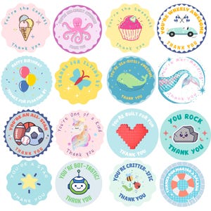 May include: A collection of sixteen circular stickers featuring various colorful illustrations and phrases including You're the Coolest, You're Sea-riously Awesome, You're the Sweetest, You're Wheely Awesome, Happy Birthday, Thanks for Flying By, You're Mer-maizing, You're an All-Star, You're One of a Kind, You're Built for Fun, You Rock, You're a Star, You're Bot-tastic, You're Critter-ific, and Thanks for Making a Splash.