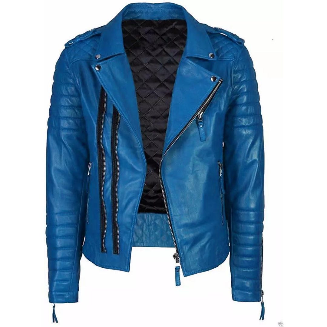 Mens Sky Blue Leather Biker Jacket Stylish Slim Fit