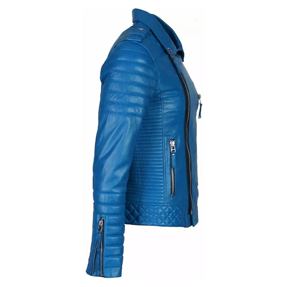 Mens Sky Blue Leather Biker Jacket Stylish Slim Fit