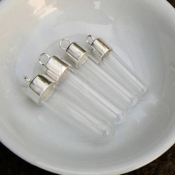 5/6/7/8mm Tubes Vials Pendants w/ Sterling Silver Caps (large/glass/bottles/.925/miniature/small/wishing/ashes/cremation/tops/solid/pure)