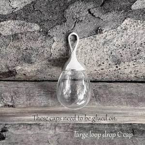 May include: A silver-colored glass bottle with a loop top. The text "These caps need to be glued on. large loop drop C cap" is printed below the bottle.