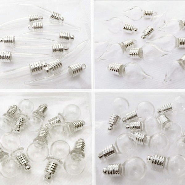 Glass Vials Pendants with silver caps 6mm small/miniature/empty/tubes/heart shaped/tear drop/globes/bulb/tusk/fang/charms/keepsake/hourglass