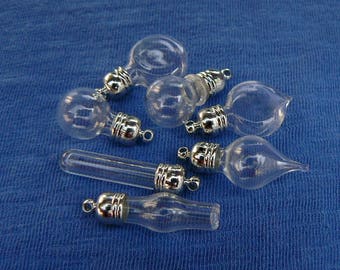 Glass Vials Pendants w/ round metal caps 5mm (miniature/small/charms/coke bottles/tiny/empty/keepsakes/silver/DIY/tops/lids/hanging/ash))