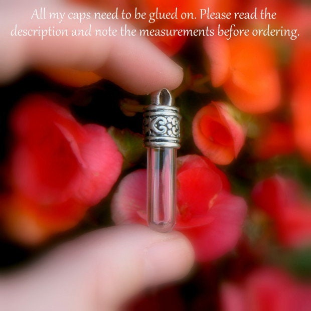 Vial Pendants Ornate Caps glass tubes (vials/bottles/miniature/small/tiny/Celtic/Scandinavian/silver/tops/lids/empty/cremation/jewelry) 7mm