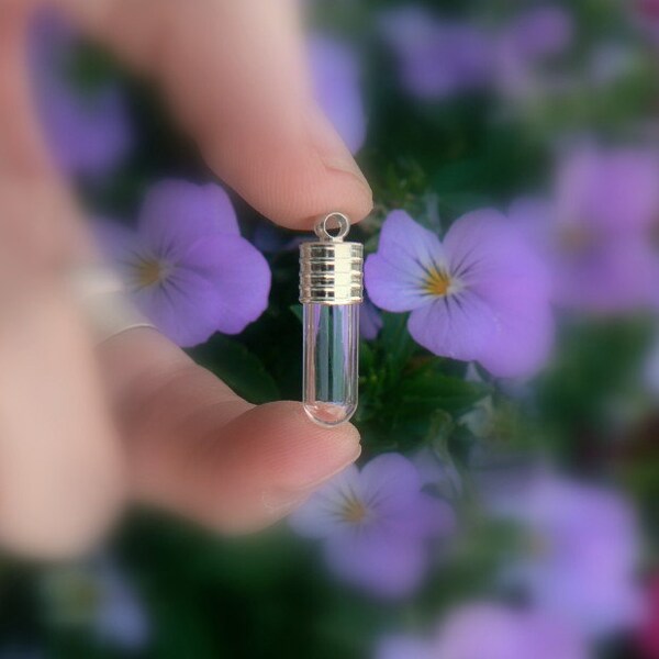 Small Glass Tube Vial Charm Bottle Pendant - 25mm Clear Silver Plated Jewelry Making