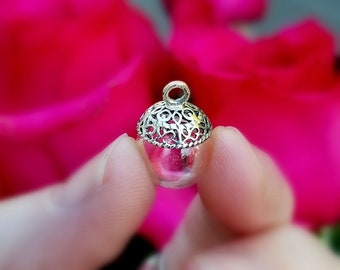 Glass Pendant w/ Sterling Silver MOROCCAN cap (.925/vials/pendants/small/balls/miniature/bottles/globes/round/clear/caps/tops 10/12/14mm