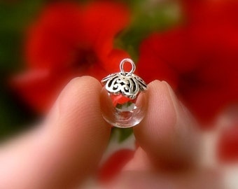 Glass Pendant w/ Sterling Silver FLOWER cap (.925/vials/pendants/small/empty/balls/miniature/bottles/globes/round/clear/caps/tops 10/12/14mm