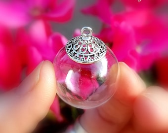 Glass Pendant w/ Sterling Silver THAI cap (.925/vials/pendants/small/empty/balls/miniature/bottles/globes/round/clear/caps/tops 10/12/14mm