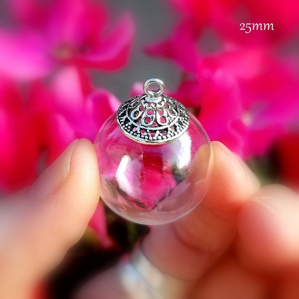 Glass Pendant w/ Sterling Silver THAI cap (.925/vials/pendants/small/empty/balls/miniature/bottles/globes/round/clear/caps/tops 10/12/14mm