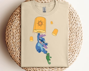 Cute Floating Lanterns Stitch and Pascal T-shirt, Disney Tangled Rapunzel Princess Tee, Disneyland Magic Kingdom Family Holiday 2025 Trip
