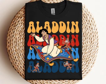 Camiseta linda de Disney Aladdin, póster floral de alfombra voladora de Jasmine y Aladdin, camiseta de colores cómodos, camiseta de Aladdin, camiseta de regalo de vacaciones familiares