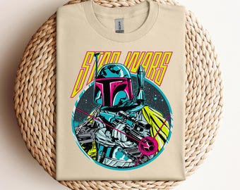 Camiseta retro de Disney Star Wars, divertida camiseta con póster gráfico de Boba Fett Fires, camiseta de viaje a Galaxy's Edge, regalo de cumpleaños de Star Wars, camiseta de viaje a Disney