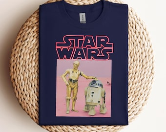 Funny Star Wars Droids R2-D2 C-3PO Pink Neon Title Portrait Shirt, Galaxy's Edge Unisex T-shirt Family Birthday Gift Adult Kid Toddler Tee