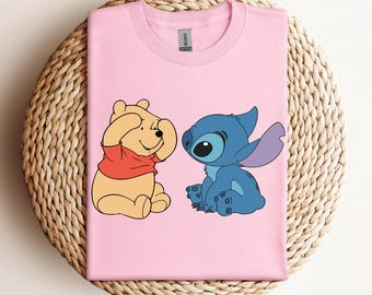 Camiseta de Disney Pooh y Stitch, camiseta de Disney Friends, camiseta sin mangas de Pooh y Stitch, camiseta de Winnie the Pooh, vacaciones familiares en Disneyland