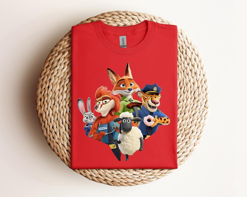 May include: A red t-shirt featuring a colorful graphic of characters from the animated movie Zootopia. The design includes a fox, a bunny, a sheep, a cheetah, and a red-haired character. The shirt is made of a soft material.