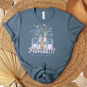 Puede incluir: Una camiseta azul con un castillo, fuegos artificiales y corazones. La palabra "Florida!!!" est&aacute; escrita en una fuente caprichosa, con la frase "no hell of a drug" debajo. La camiseta est&aacute; hecha de un material suave.
