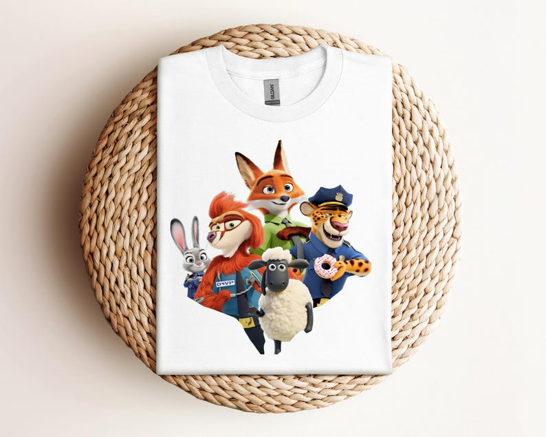 May include: White t-shirt featuring a colorful graphic of characters from the animated movie Zootopia. The design includes a fox, a bunny, a sheep, and a cheetah, with a donut. The shirt is displayed on a woven surface.