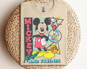 Retro Disney 90's Mickey & Friends-shirt, Mickey Mouse, Donald Duck, Pluto, Goofy T-shirt, Mickey and Friends Group-T-shirt, Disney-gezinsuitje