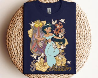Camiseta de Disney Aladdin, camiseta de la princesa Jasmine, linda camiseta de la alfombra voladora de Jasmine y Aladdin, camiseta vintage de princesa, camiseta de viaje de vacaciones a Disneyland