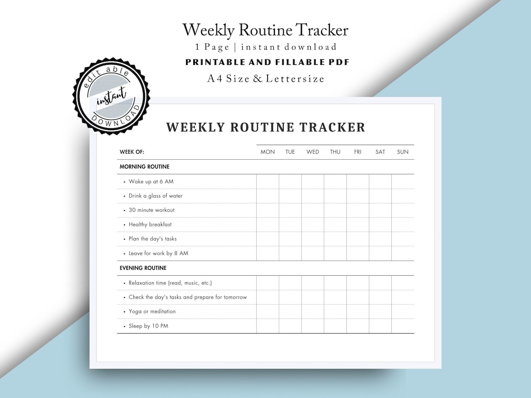Printable Weekly Routine Tracker | Undated Digital Planner | Habit