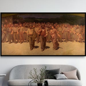 Puede incluir: Una pintura que representa a un grupo de personas, en su mayoría hombres, de pie en un campo. Las personas están vestidas con ropa sencilla y parecen ser de clase trabajadora. La pintura está realizada en un estilo realista y tiene una paleta de colores cálida y terrosa.