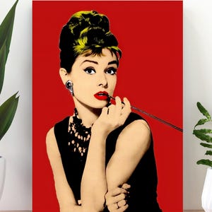 Audrey Hepburn-pop-artprint: rode achtergrond, woondecoratie (digitale download)