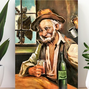 ワインを飲む人のポスター デジタルダウンロード ヴィンテージ 印刷可能な壁アート 茶色の帽子をかぶった男のプリント 素朴な壁の装飾 レトロなワインのプリント バーの壁の装飾