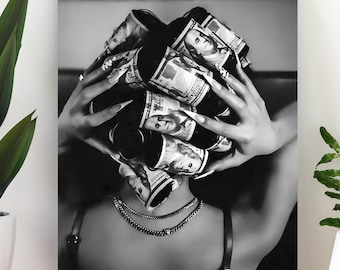 Money Hair Rollers Poster, Black and White Fashion Wall Art (Digital Download)