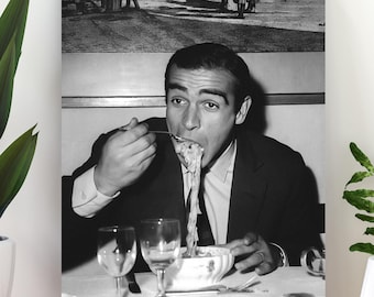 James Bond Eating Pasta Sean Connery Black White Vintage Photo Wall Art (Digital Download)