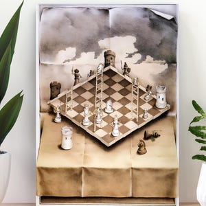 May include: A framed artwork depicting a chess board with chess pieces and figures. The board is set on a tan surface, with a backdrop of a cloudy sky. The chess pieces are white and brown, and the figures are in various poses.