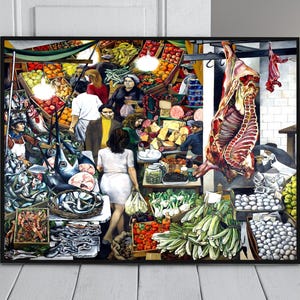 Könnte beinhalten: Ein farbenfrohes Gemälde, das eine geschäftige Marktszene in einem Innenraum zeigt. Das Gemälde zeigt eine Vielzahl von frischen Produkten, Meeresfrüchten und Fleisch, die zum Verkauf angeboten werden. Es sind mehrere Personen auf dem Gemälde zu sehen, einige stöbern in den Waren, andere arbeiten hinter den Theken.