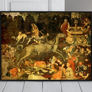 Puede incluir: Una pintura que representa a la Muerte a caballo esquelético cabalgando por un bosque, mientras la gente huye aterrorizada. La escena está llena de colores vibrantes y detalles intrincados, mostrando la habilidad del artista.