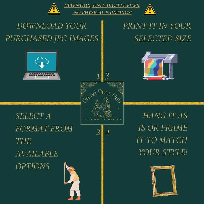 May include: A green and gold graphic with instructions on how to download, print, and frame digital art prints. The graphic includes a laptop, a printer, a ruler, and a picture frame.