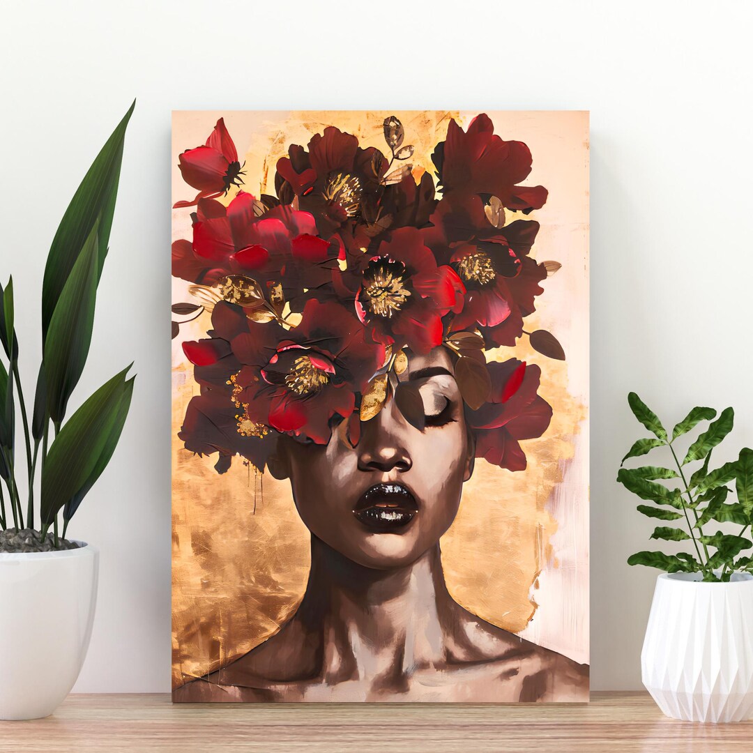 Black Woman Floral Portrait Poster Red Flowers Modern Gold Wall Art ...