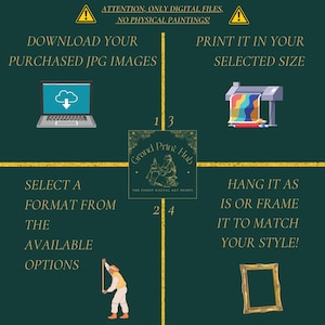 Pu&ograve; includere: Una grafica verde e oro con istruzioni su come scaricare, stampare e incorniciare stampe d'arte digitali. La grafica include un computer, una stampante, un righello e una cornice.