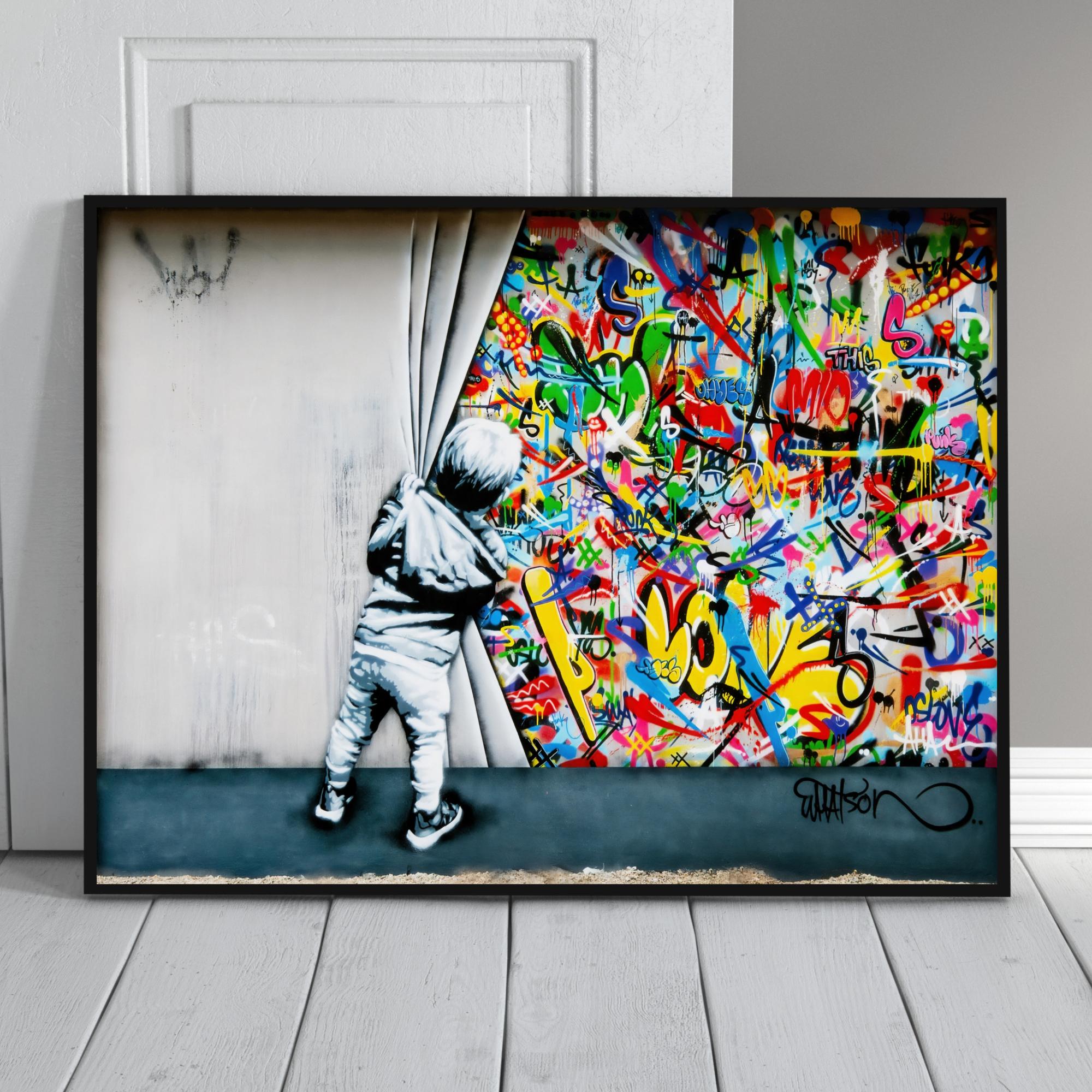 Martin Whatson Graffiti Art Print: Child Behind Curtain - Banksy