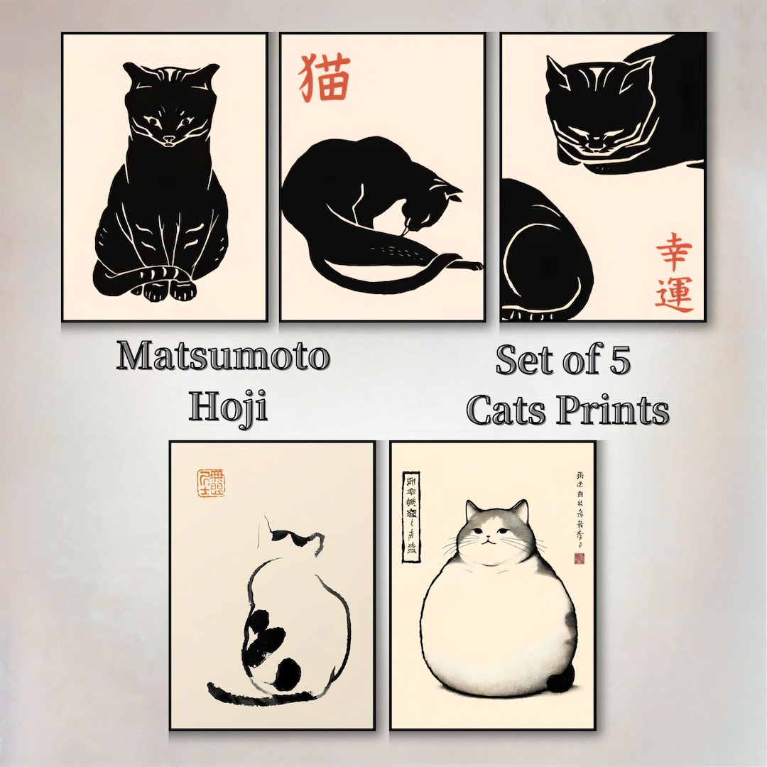 Matsumoto Hoji Cats Art Prints: Japanese Vintage Decor (set of 5 ...