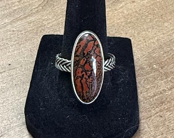 Agatized Dinosaur Bone Ring, size 8.5, 925 sterling silver, handmade
