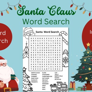 Printable Christmas Game Santa Claus Word Search Puzzle Coloring Page, Fun Word Game for Holiday Parties and Classrooms, Instant Download