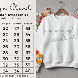 Maattabel mockup Gildan Sweatshirt 18000 digitale downloadsjabloon tot 5XL Plus maten blanco witte sweatshirt mockup op bloemen