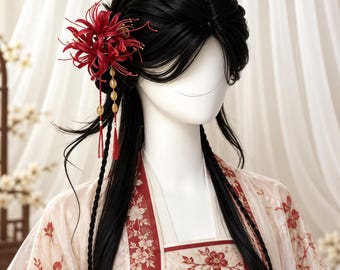 Red Spider Lily Hair Pin, Chinese Hanfu Hair Stick, Red Tassel Hair Accessory, Floral Hairpiece, Traditional Hair Jewelry, Gift for Her