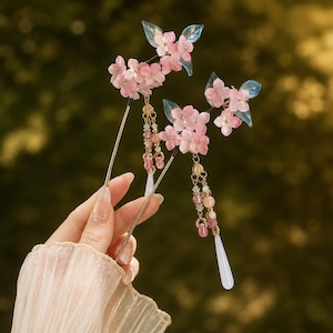 Set di forcine cinesi con fiori rosa, fermagli per capelli Hanfu con nappe, accessori per capelli con fiori di ciliegio, fermaglio tradizionale per capelli da sposa, regalo per lei