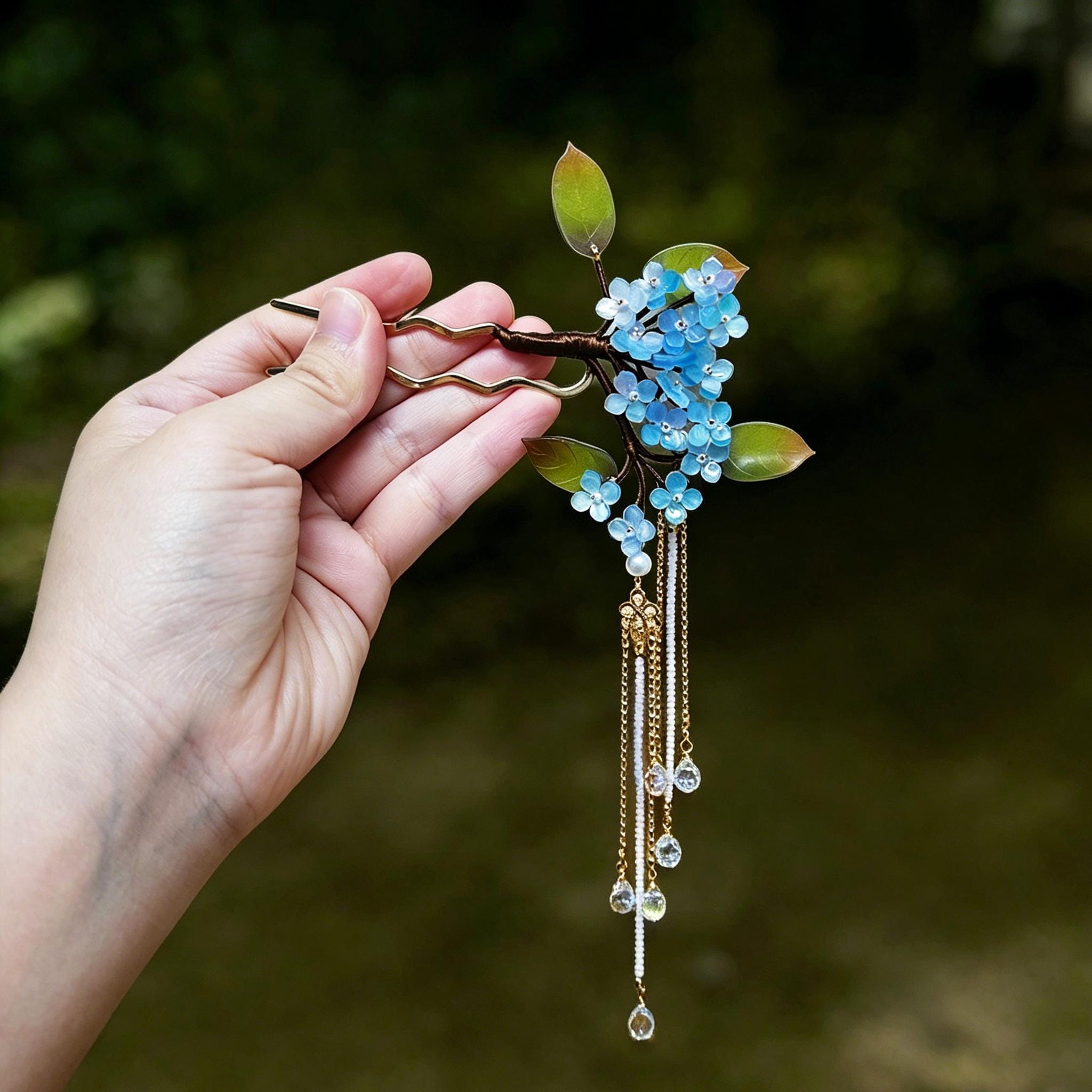 Blaue BlĂźte Haargabel mit Langen Quasten,Ătherische Vergissmeinnicht Haarnadel,Botanischer Fairycore Haarschmuck,Traditionelles Hanfu ZubehĂśr