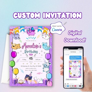 Invitation de fête d'anniversaire imprimable modifiable amis Aphmau, modifiable sur toile, invitation d'anniversaire, invitation numérique, spectacle populaire, enfants