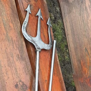 forged trident,brutal trident, metal trident, leather handle trident, custom trident, blacksmithing, steel trident, home decor,cosplay prop,