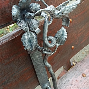 Forged Metal Hummingbird Door Handle: Hibiscus Flower, Rustic Farmhouse Decor